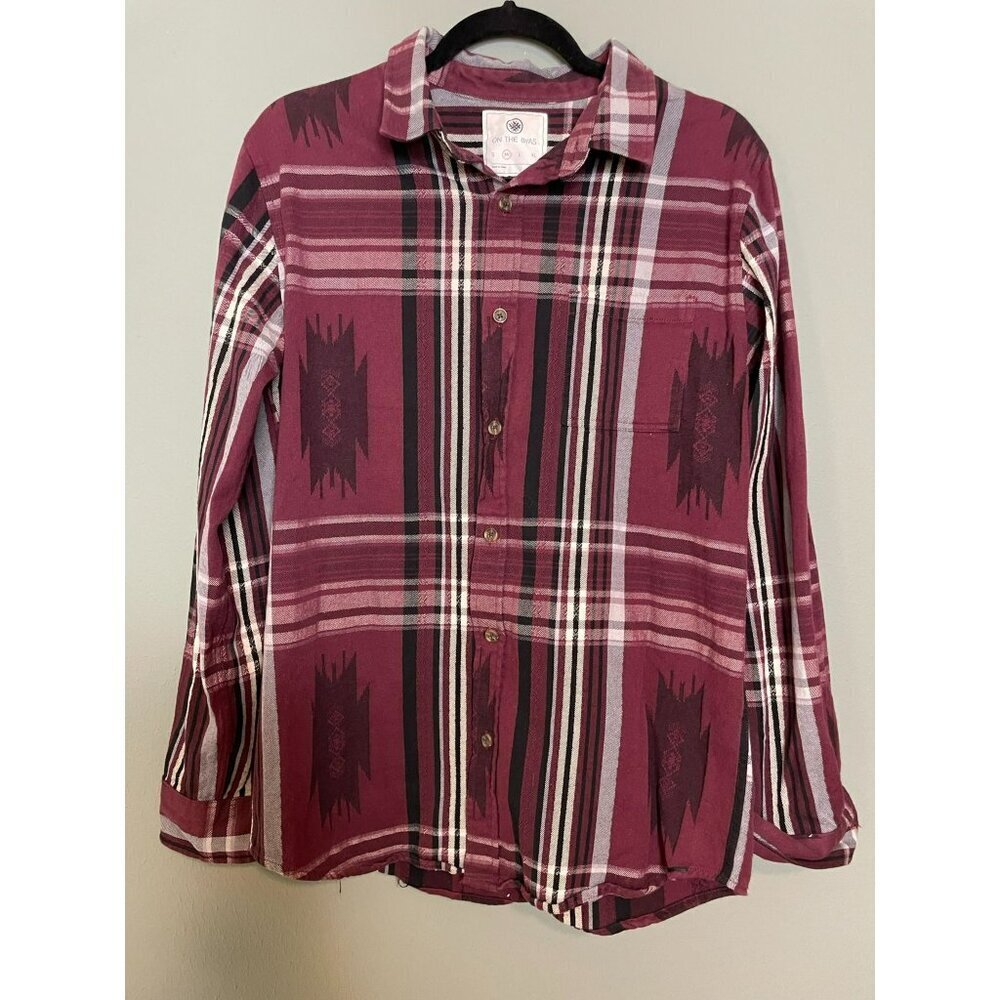 On the Byas Men's Medium Plaid Western Maroon LS Button Down Collared Shirt